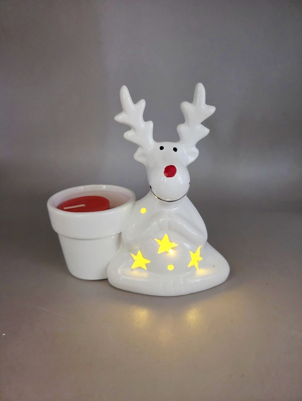 White Ceramic Reindeer Candle Holder with Red Nose